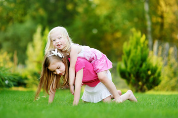 Two cute little sisters having fun together on the grass