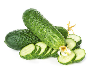 Fresh ripe green cucumbers isolated on white background.