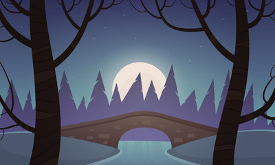 Small stone bridge in park, night cartoon landscape.