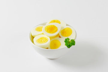 Halved hard boiled eggs