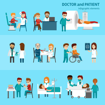 Medical infographic elements with doctor and patients treatments and examination flat pictograms with healthcare symbols abstract isolated vector illustration on blue background Hospital professionals