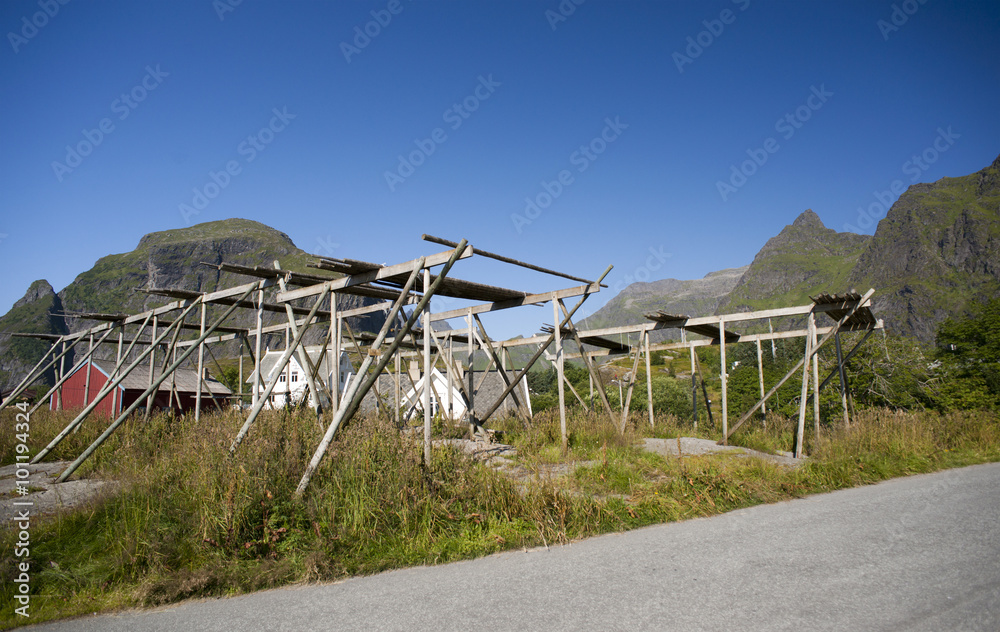 Sticker Traditional equipment for drying stock fish, Lofoten, Norway