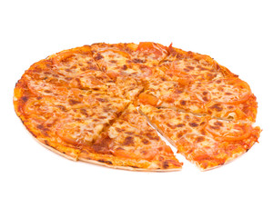 Pizza with cheese and ham isolated on white