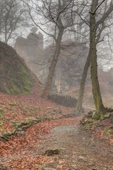 Castle ruins in the fog