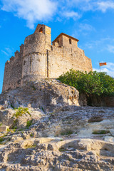 Fototapeta na wymiar Medieval stone castle and flag of Catalonia