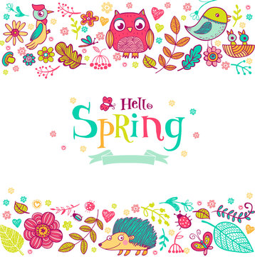 Hello Spring banner in doodle style