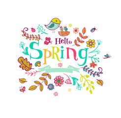 Hello Spring banner in doodle style