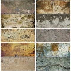 Collection of ten narrow images with vintage grunge texture of old weathered dirty wall