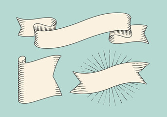 Naklejka premium Set of old vintage ribbon banners in engraving style. Hand drawn design element. Vector illustration.