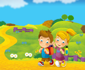 Obraz na płótnie Canvas Cartoon nature scene with children on the trip - illustration for the children