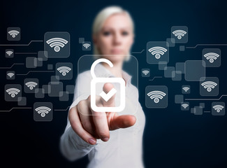 Social network WiFi business woman presses button security lock.