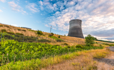 Fototapeta na wymiar nuclear power plant landscape on sunset time.