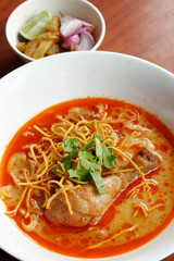 Curried noodles soup with chicken, Chiang Mai noodles