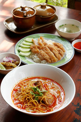 Curried noodles soup with chicken, Chiang Mai noodles