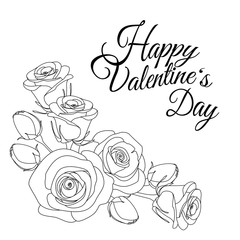 greeting card with text Happy Valentines Day and roses, colouring page for adults, illustration