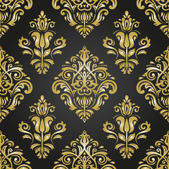 Damask seamless black and golden ornament. Traditional vector pattern. Classic oriental background