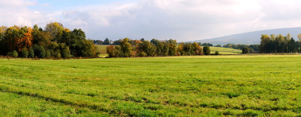 Wiesen und Feldgehölz Panorama im Herbst im Hunsrück
