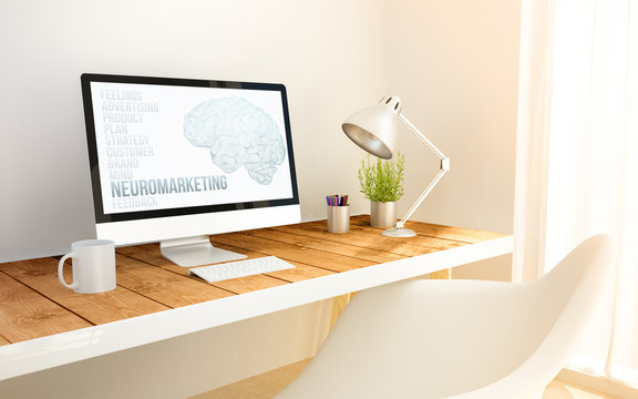 minimalist workplace with neuromarketing computer