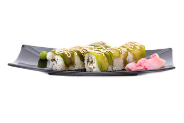 traditional fresh japanese sushi rolls on a white