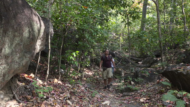 Man and woman Walking On Forest Path. Jungles of Thailand. 4K video
