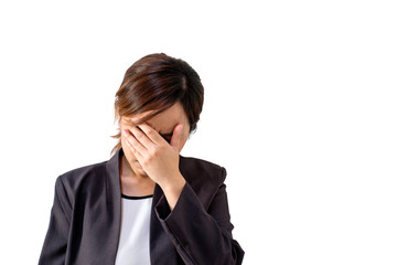 portrait of  businesswoman having headache  isolated on white background