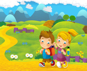 Fototapeta na wymiar Cartoon nature scene with children on the trip - illustration for the children