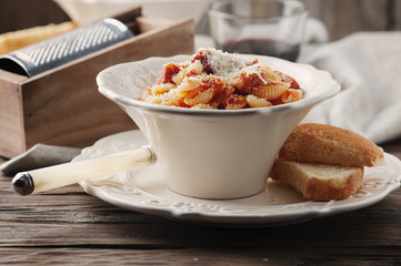 Sardinian traditional pasta malloreddus with sausage