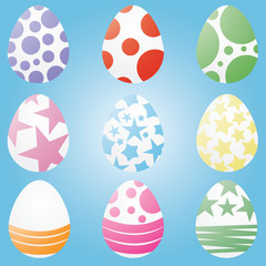 Set of nine easter eggs on blue background