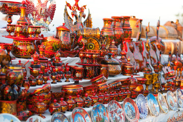 Colorful Russian wooden souvenirs at the market