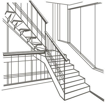 linear architectural sketch interior stairs on white background
