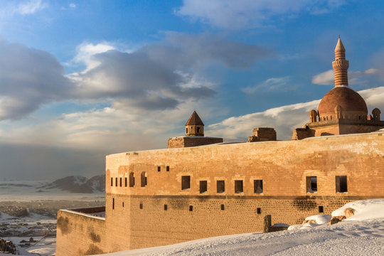 Ishak Pasha Palace and historic landscapes, winter ground.