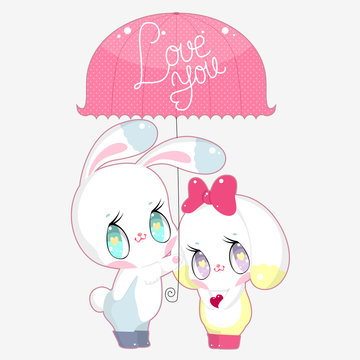 Two cute bunny under the umbrella with words Love You