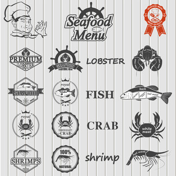 set of seafood labels and signs