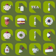 Flat concept, set modern design with shadow tea