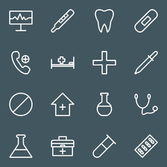 Set of white line medical icons.