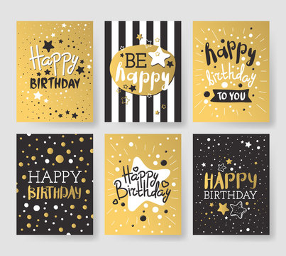Set of beautiful birthday invitation cards decorated with colorful balloons, cakes and cartoon elephant.