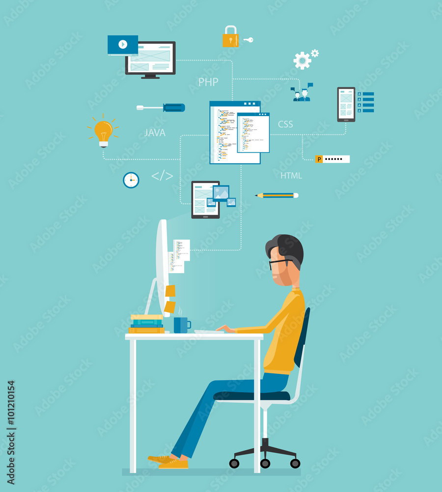 Aufkleber vector developer working on workplace.  develop for website and application