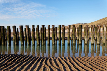 double row of wooden poles on a beach with lines in the sand