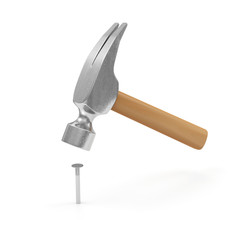 Claw Hammer Driving a Metal Steel Nail into the Floor isolated on white background