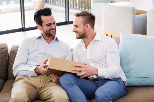 Smiling man offering gift to his boyfriend in living room 