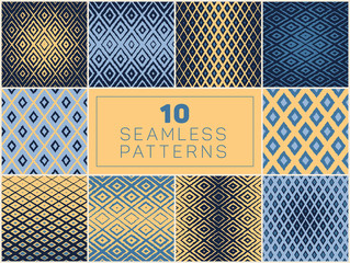 Set of Ten Vector Seamless Hand Drawn Rough Line Geometric Rhombus Halftone Patterns