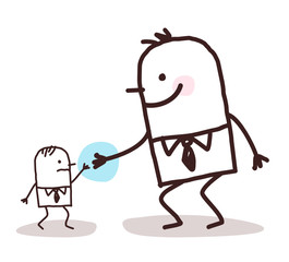 cartoon big businessman giving a hand to a small one