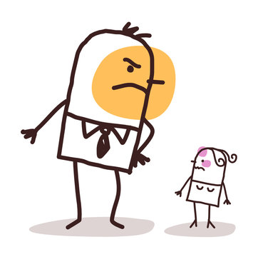 cartoon big angry man against a small injured woman