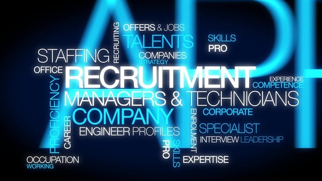 Recruitment job staffing enrollment for hire contract recruiting company occupation work blue words tag cloud text animation