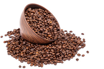 Coffee beans  in pottery on white background.
