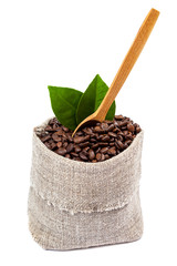Coffee beans in a sack with a wooden spoon