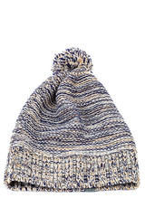 Fototapeta na wymiar Winter colorful knitted cap on a white