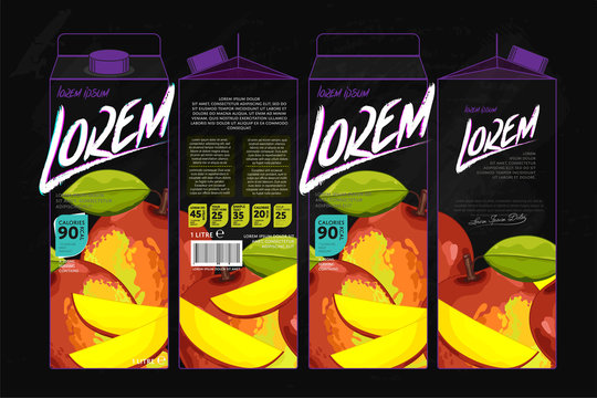 Template Packaging Design Mango Juice. Concept design of Fruit Juice. Abstract Cardboard Box for Juice. Vector Packaging of Mango Juice. Packaging Elements of Cardboard Box Template