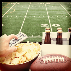 Instagram Hand with TV Remote, Beer, Chips and Football