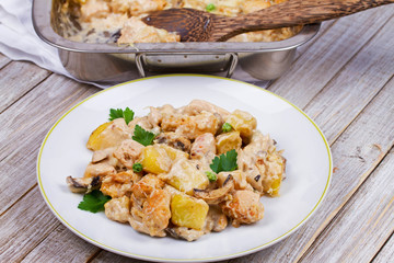 Baked Creamy Chicken, Potato  and Mushrooms